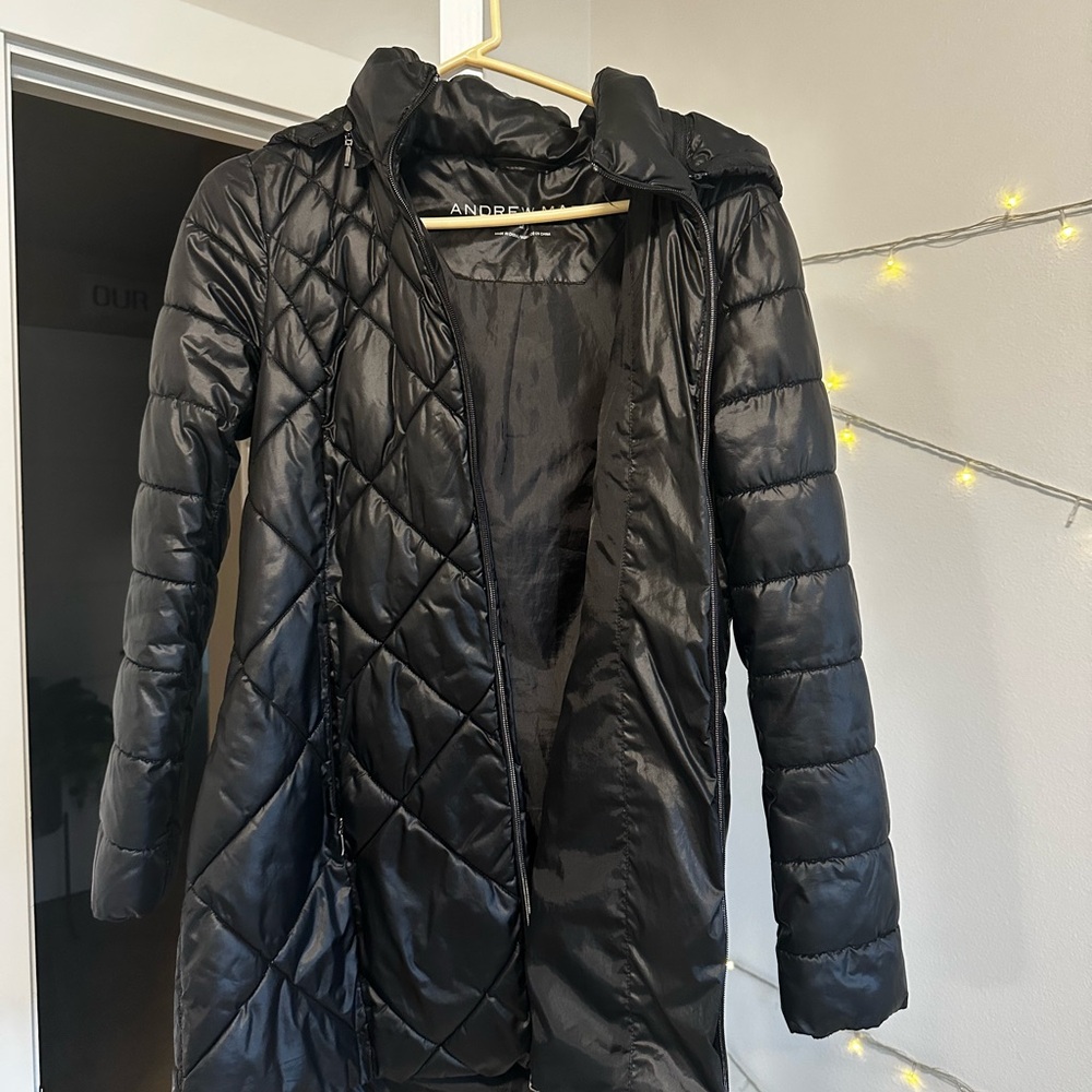 Andrew Marc Black Quilted Long Puffer Coat with Hood
